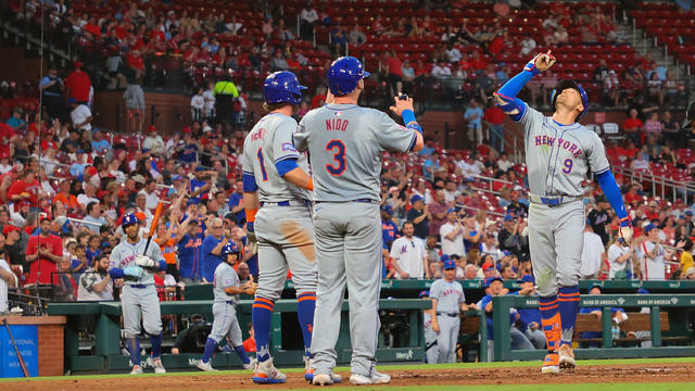 Brandon Nimmo #9 of the New York Mets celebrates after hitting a three-run home run against the St. Louis Cardinals in the fifth inning at Busch Stadium on May 7, 2024 in St Louis, Missouri. 