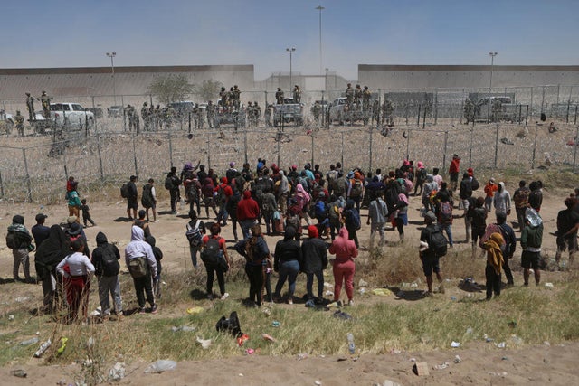 Migrants seeking asylum in the U.S. demonstrate on the Rio Grande river to ask for authorization to enter the country, as seen from Ciudad Ju&aacute;rez, Mexico on April 25, 2024. 