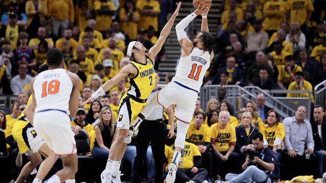Jalen Brunson #11 of the New York Knicks shoots the ball against Andrew Nembhard #2 of the Indiana Pacers during the fourth quarter in Game Three of the Eastern Conference Second Round Playoffs at Gainbridge Fieldhouse on May 10, 2024 in Indianapolis, Ind 