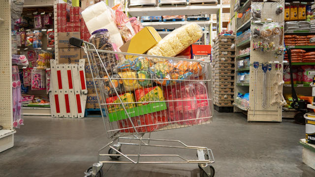 Trolley filled with groceries in wholesale store Landscape 