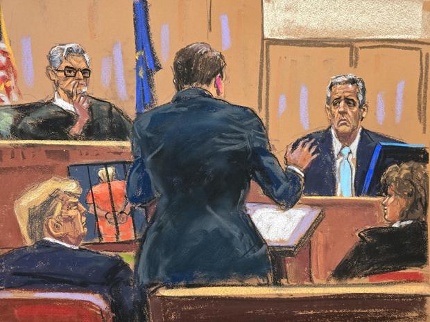 Michael Cohen faces questions from Todd Blanche at former President Donald Trump's criminal trial in New York on Tuesday, May 14, 2024. 