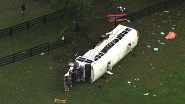 Aerial footage shows the aftermath of an accident involving a bus in Marion County, Florida, May 14, 2024. 