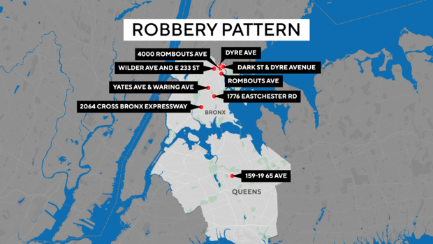 A map showing the locations of nine Facebook Marketplace-related robberies in the Bronx and Queens. 