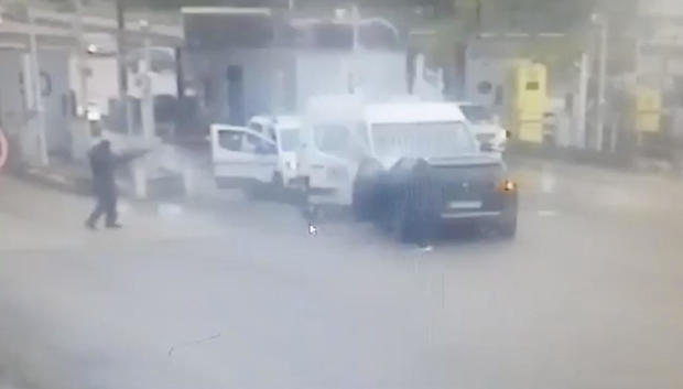 Gunmen wearing balaclavas ambush a prison van to free a drug dealer in Val-de-Reuil 