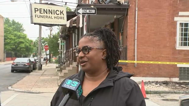 Shelli Pennick speaks into the CBS News Philadelphia microphone outside the Pennick Funeral Home 