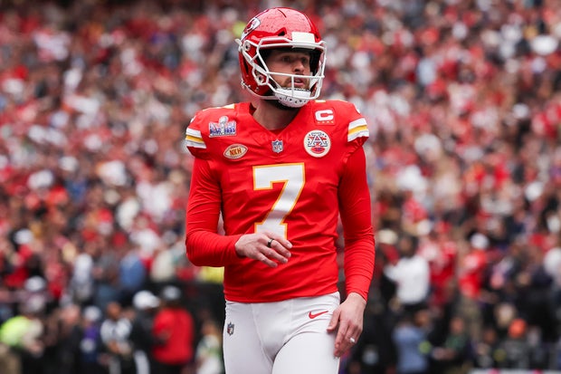Harrison Butker of the Kansas City Chiefs warms up before Super Bowl LVIII against the San Francisco 49ers at Allegiant Stadium on February 11, 2024, in Las Vegas.