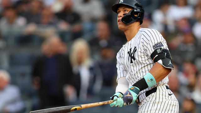 Aaron Judge #99 of the New York Yankees hits a home run during the first inning of the game against the Chicago White Sox on May 17, 2024 at Yankee Stadium in the Bronx, New York. 