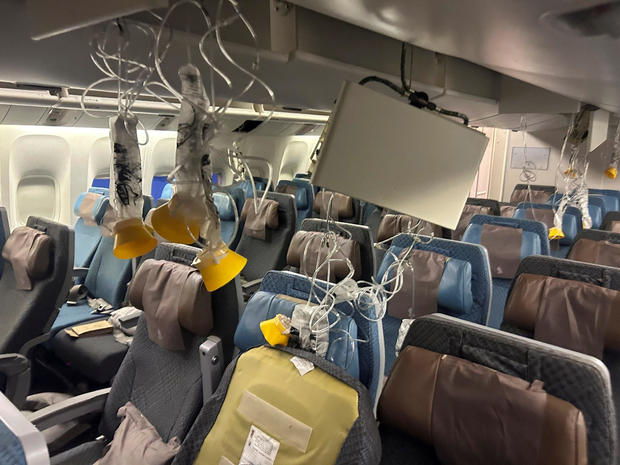 The interior of Singapore Airlines flight SQ321 is pictured after the flight was diverted to land at Bangkok's Suvarnabhumi International Airport in Thailand after encountering severe turbulence, May 21, 2024. 