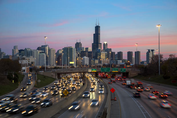 Chicago Traffic and Skyline at Dusk 