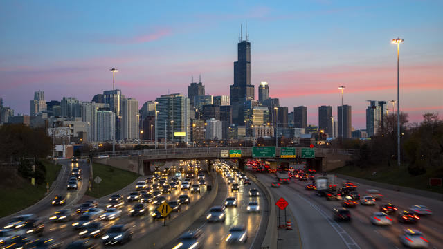 Chicago Traffic and Skyline at Dusk 