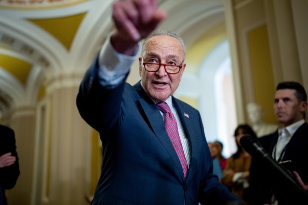 Senate Majority Leader Chuck Schumer takes a question from a reporter during a news conference following a Senate Democratic party policy luncheon on Capitol Hill on May 1, 2024 in Washington, DC.
