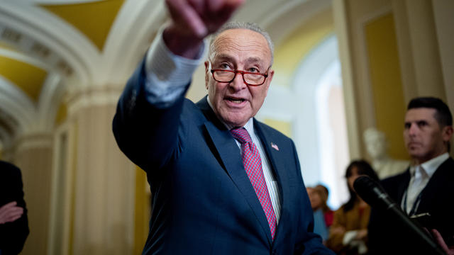 Senate Majority Leader Chuck Schumer takes a question from a reporter during a news conference following a Senate Democratic party policy luncheon on Capitol Hill on May 1, 2024 in Washington, DC. 