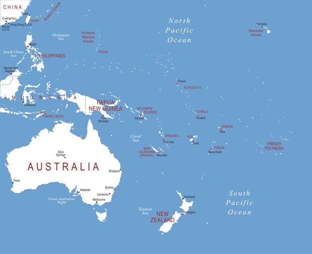 Map of Australia and Oceania. Vector colorful map of Oceania