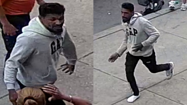 Two surveillance photos of the suspect in this shooting, he is seen wearing a gray GAP sweatshirt, black pants and white sneakers 