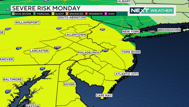 A weather map showing slight risk of severe across the Philadelphia region Monday 