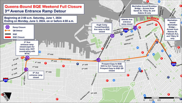 Queens-bound BQE June 1-3, 2024 closure -- Third Avenue entrance ramp detour map 
