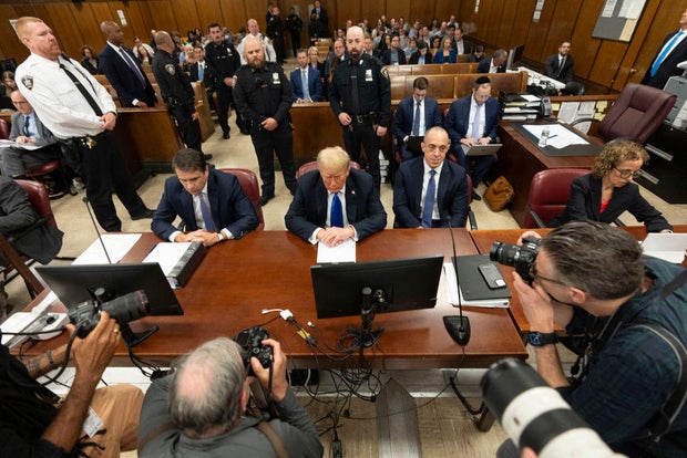 Former President Donald Trump appears in court for his "hush money" trial at Manhattan Criminal Court on May 30, 2024, in New York City.