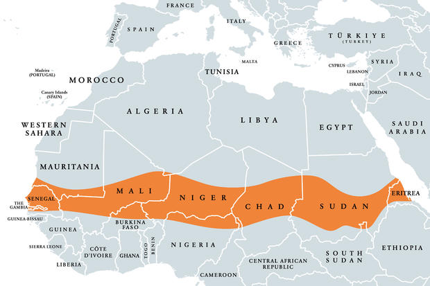 The Sahel, region in Africa between Sahara and Sudanian savanna, political map 