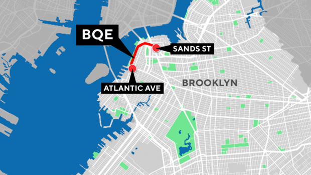 Map showing BQE closure June 1-3, 2024 