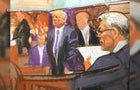 A court sketch showing Donald Trump inside a Manhattan courtroom. 