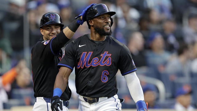 Starling Marte #6 of the New York Mets is congratulated by Jose Iglesias #11 after hitting a three-run triple during the first inning against the Arizona Diamondbacks at Citi Field on May 31, 2024 in New York City. 