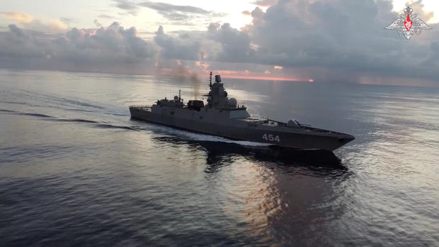 The Russian frigate Admiral Gorshkov takes part in an exercise on the use of high-precision weapons in the Atlantic Ocean, in this still image from video released June 11, 2024. 