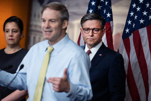 From left, House Republican Conference Chair Elise Stefanik, Rep. Jim Jordan and Speaker of the House Mike Johnson conduct a news conference in the Capitol Visitor Center on Wednesday, June 12, 2024. 