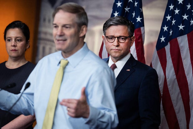 From left, House Republican Conference Chair Elise Stefanik, Rep. Jim Jordan and Speaker of the House Mike Johnson conduct a news conference in the Capitol Visitor Center on Wednesday, June 12, 2024.