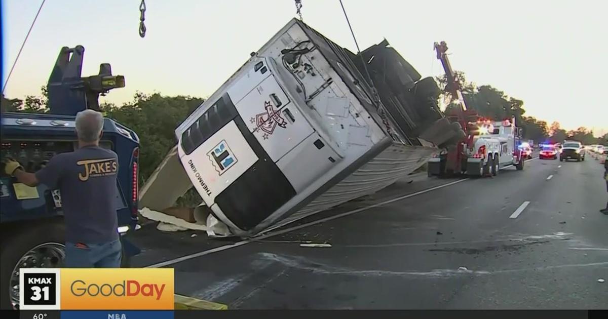 Big rig overturns on Business 80, creating traffic delay - CBS Sacramento