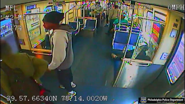 A still from a surveillance video shows people standing on a SEPTA train 