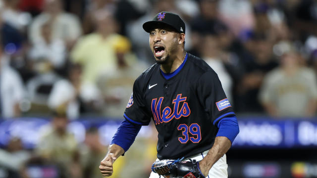 Edwin Díaz #39 of the New York Mets reacts after striking out the final batter against the San Diego Padres during the ninth inning at Citi Field on June 14, 2024 in the Queens borough of New York City. 