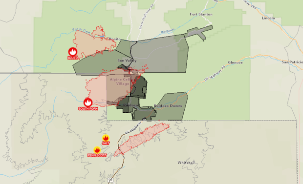 A government-produced map shows wildfire perimeters and areas at risk in southern New Mexico, June 17, 2024. 