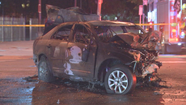Charred car involved in fatal 2-vehicle collision in North Philadelphia early Tuesday morning 
