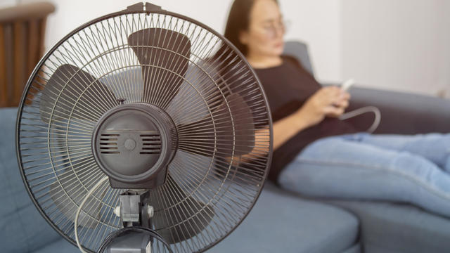 Closeup of black electric fan heater on floor in living room, with woman on couch in background. 