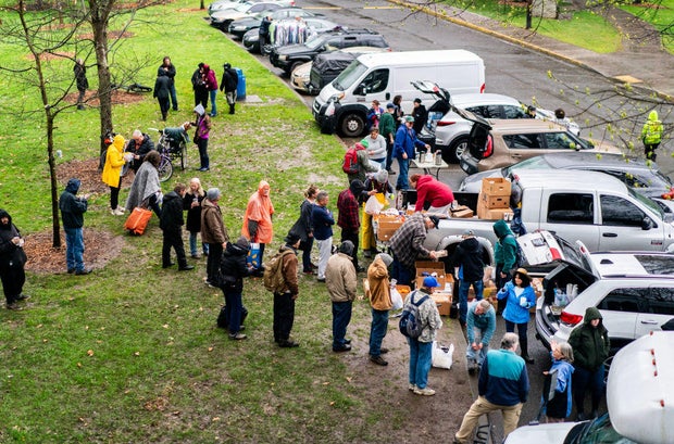 Homeless advocates serve groceries, warm food, supplies and living essentials for hundreds of people at Morrison Park in Grants Pass, Oregon, on Thursday March 28, 2024.