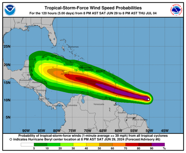 Wind speed probabilities for Hurricane Beryl 