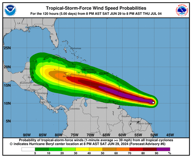 Probabilidades de velocidad del viento para el huracán Beryl