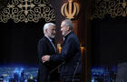 FILE PHOTO: Presidential candidates Masoud Pezeshkian and Saeed Jalili ​attend an election debate, in Tehran 