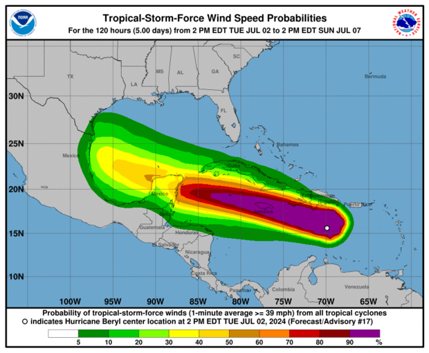Hurricane Beryl wind speed probabilities 