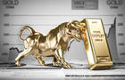 Golden ingot and bull on graph.  Bull market trend in gold. 