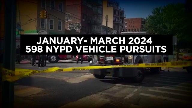 A graphic reading "January - March 2024: 598 NYPD vehicle pursuits" superimposed over an image of a car crash blocked off by crime scene tape. 