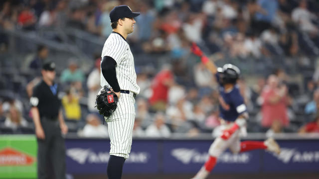 Tommy Kahnle #41 of the New York Yankees looks on as Ceddanne Rafaela #43 of the Boston Red Sox rounds the bases after his two-run home run during the 10th inning at Yankee Stadium on July 05, 2024 in the Bronx borough of New York City. 