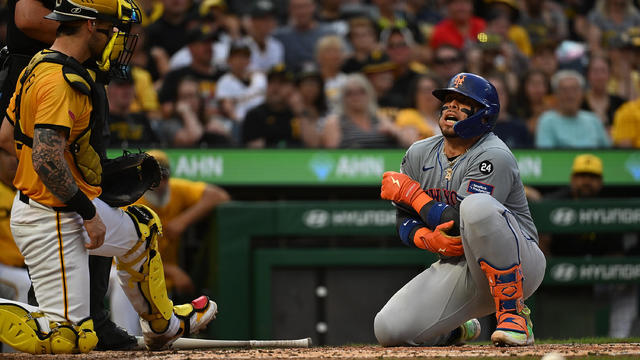 Francisco Alvarez #4 of the New York Mets reacts after being hit by a pitch in the fourth inning during the game against the Pittsburgh Pirates at PNC Park on July 5, 2024 in Pittsburgh, Pennsylvania. 