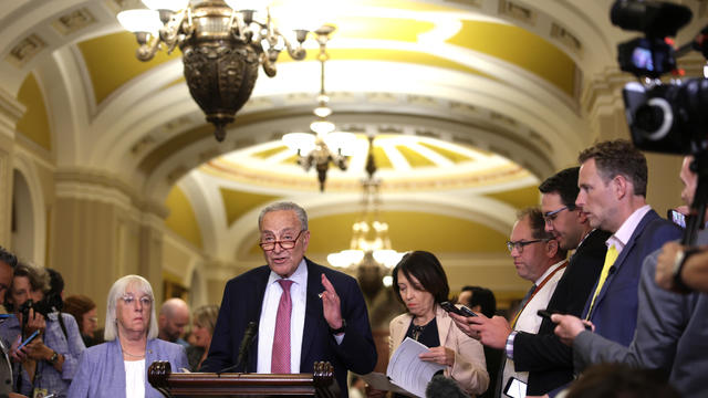 Senate Majority Leader Sen. Chuck Schumer speaks as Sen. Patty Murray and Sen. Maria Cantwell listen during a news briefing after a weekly Senate Democratic policy luncheon at the U.S. Capitol on July 9, 2024 in Washington, DC. 