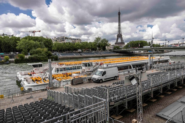 Stands for the opening ceremony are seen near river Seine ahead of the Paris 2024 Olympic Games on July 13, 2024 in Paris, France