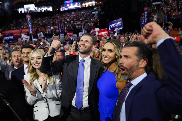 Eric Trump, Tiffany Trump, Lara Trump and Donald Trump Jr. celebrate on Day 1 of the Republican National Convention at the Fiserv Forum in Milwaukee, Wisconsin, on July 15, 2024. 