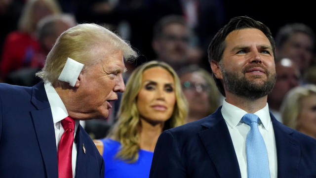 Former President Donald Trump, left, and Sen. JD Vance, a Republican from Ohio and Republican vice-presidential nominee, during the Republican National Convention at the Fiserv Forum in Milwaukee, Wisconsin on Monday, July 15, 2024. 