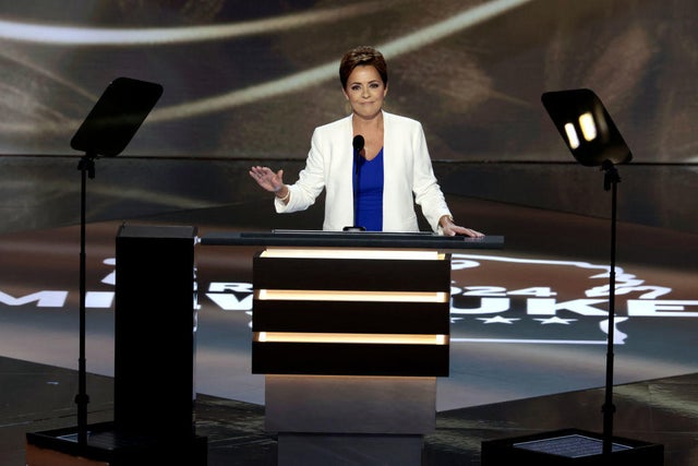 Kari Lake, Republican Senate candidate for Arizona, speaks during the Republican National Convention at the Fiserv Forum in Milwaukee, Wisconsin, on Tuesday, July 16, 2024. 