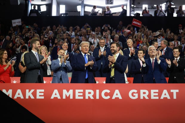 Republican presidential candidate, former President Donald Trump and Republican vice presidential candidate, Sen. JD Vance applaud on the second day of the Republican National Convention at the Fiserv Forum on July 16, 2024 in Milwaukee, Wisconsin.