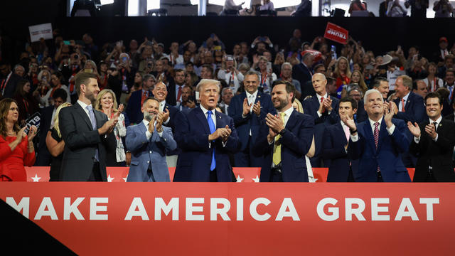 Republican presidential candidate, former President Donald Trump and Republican vice presidential candidate, Sen. JD Vance applaud on the second day of the Republican National Convention at the Fiserv Forum on July 16, 2024 in Milwaukee, Wisconsin. 